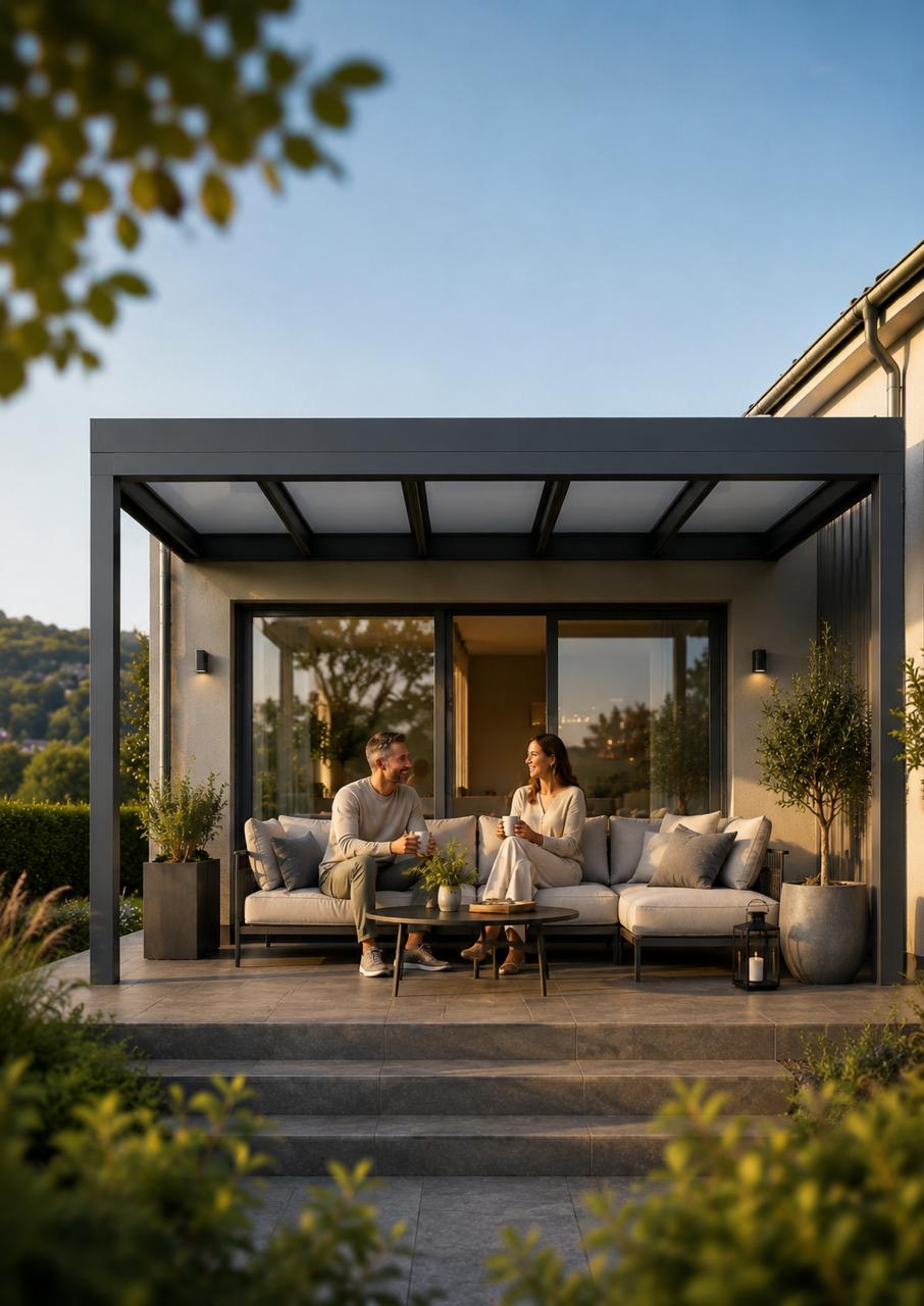 ALUXIL Cantiline — Premium-Terrassendach im Abendlicht